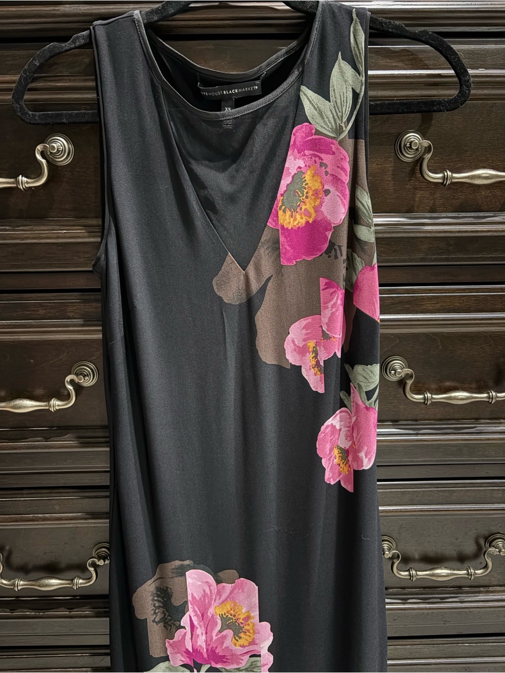 WHBM Reversible Knit Sleeveless Black/Floral Midi Dress w/ Mesh V-Neck-Size XS